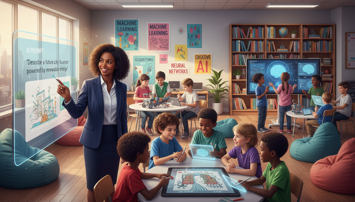 Teacher guiding children using AI tools and interactive digital displays in a futuristic classroom.