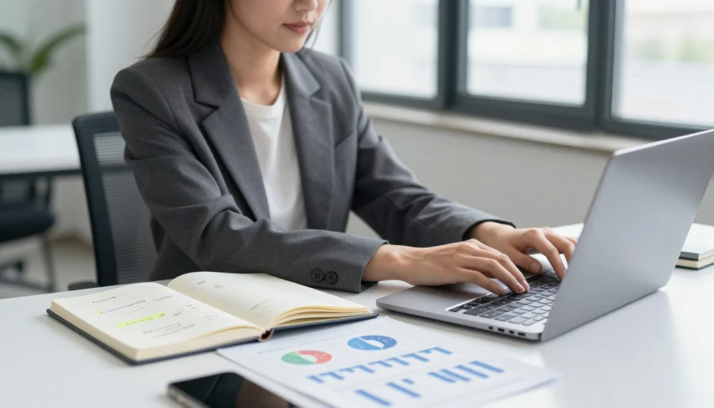 Female entrepreneur working on laptop with business reports and notebook
