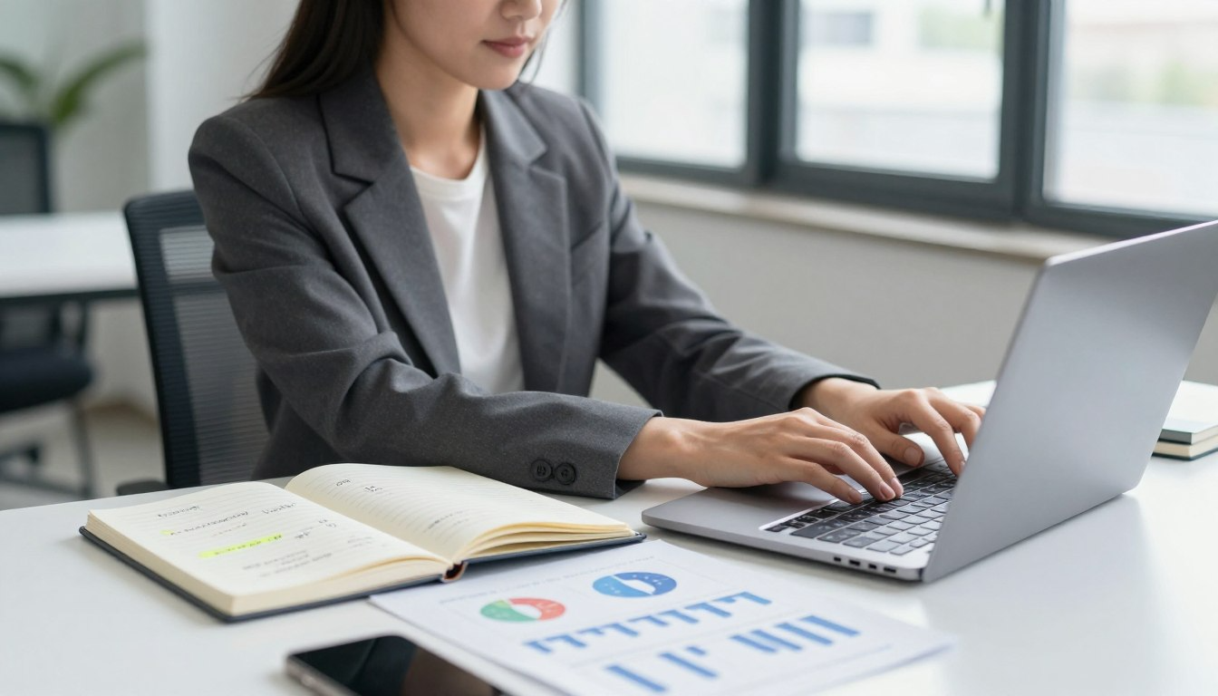 Female entrepreneur working on laptop with business reports and notebook