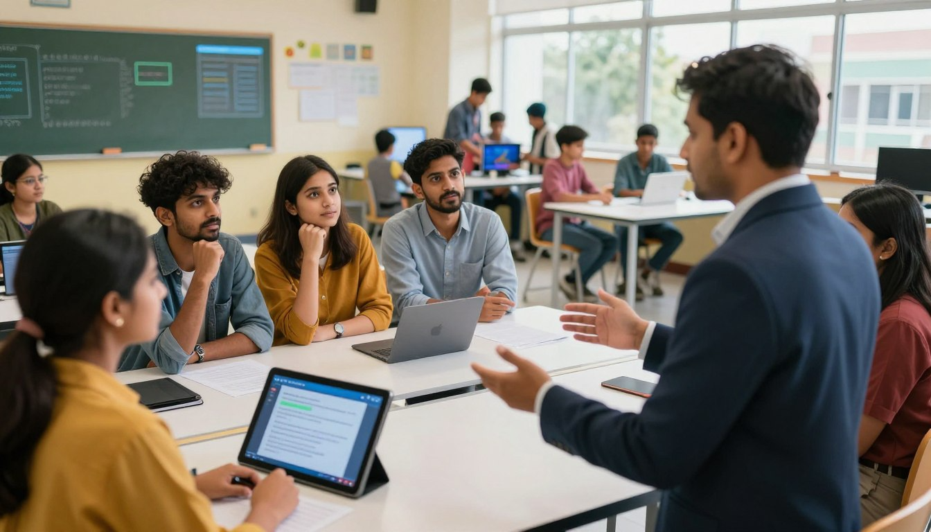 Indian school leader presenting AI strategies to students in CBSE classroom
