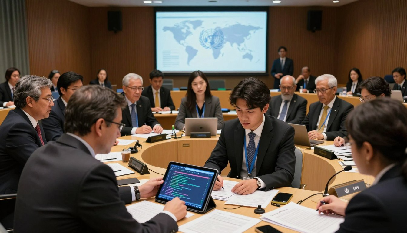 MUN committee session with UN logo and AI tablet