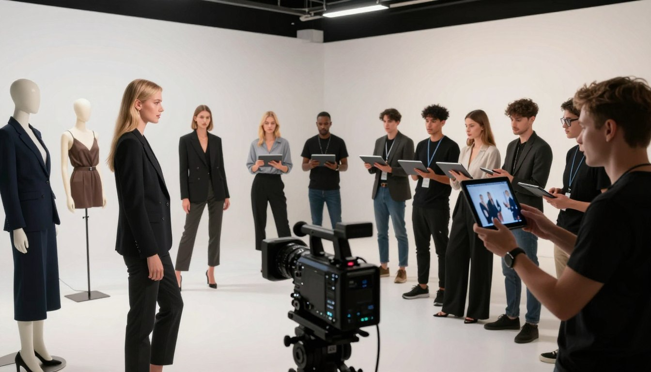 Traditional fashion studio shoot with camera crew models and directors showing high production costs