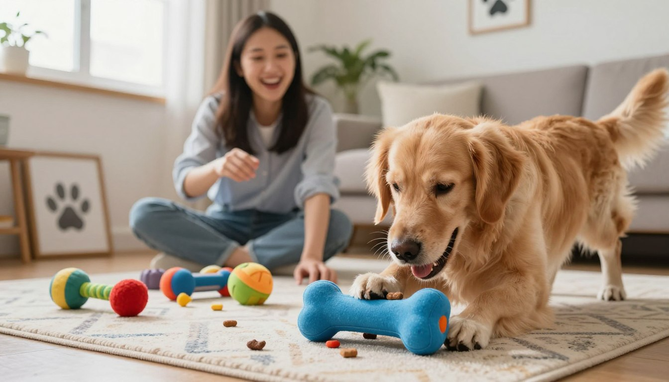 Golden retriever solving blue treat dispensing toy with colorful enrichment toys on living room rug