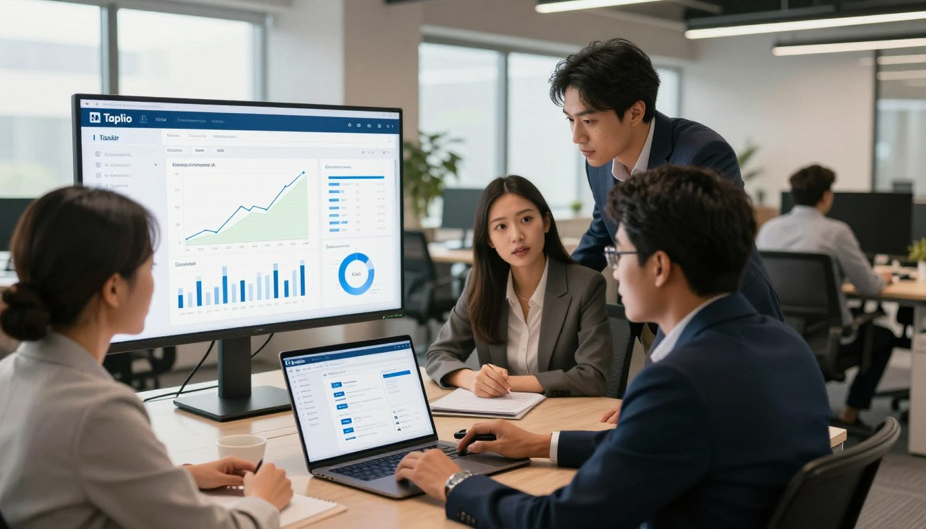 Business team analyzing Taplio LinkedIn dashboard on large monitor