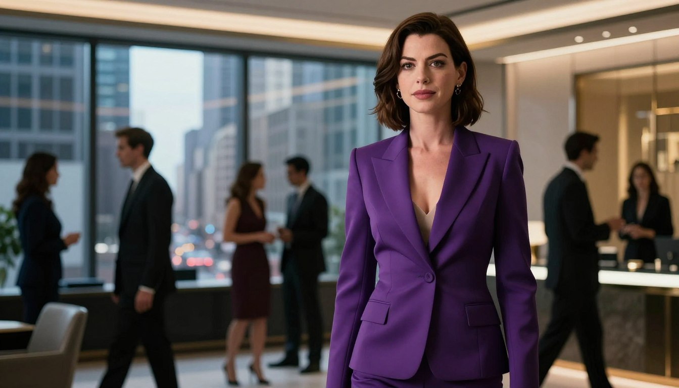 Fashion professional in bold purple suit walking through modern office