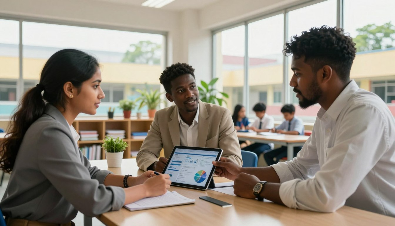 School educators reviewing AI data on tablet for school management decisions
