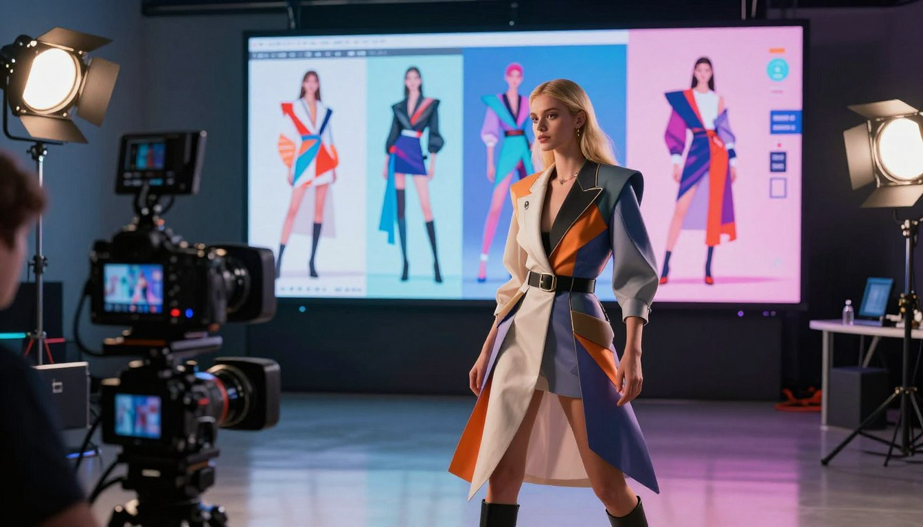 Fashion model in colorful AI-designed outfit standing in front of digital design screens in studio