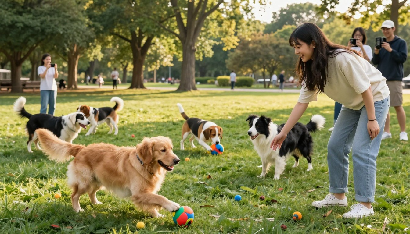 Woman playing with golden retriever and border collie in park with colorful balls and enrichment toys