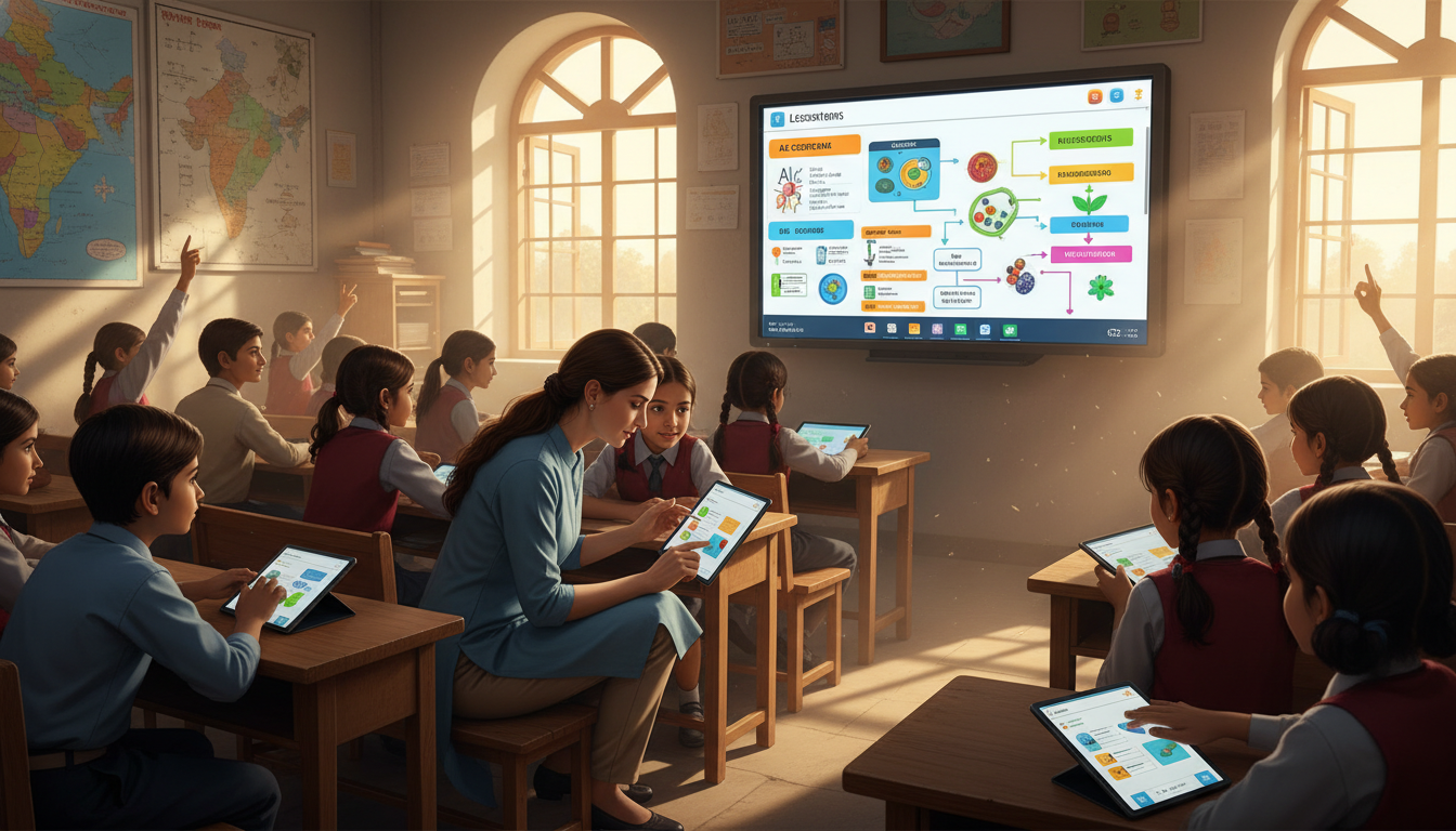 Students using tablets in a classroom with a large AI-powered interactive lesson screen.