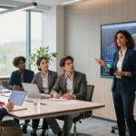 Female business leader presenting AI data analytics to team in boardroom