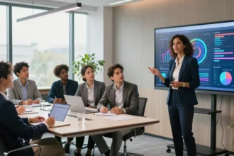 Female business leader presenting AI data analytics to team in boardroom