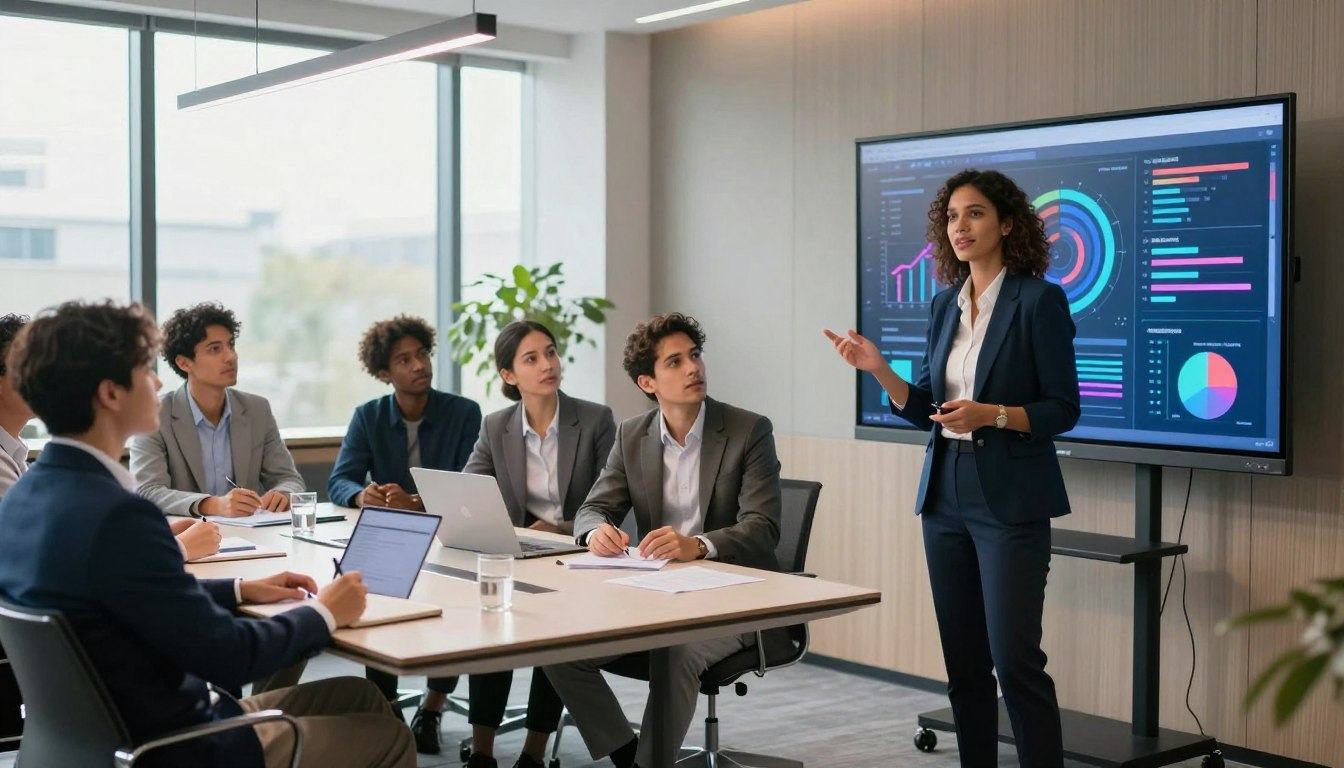 Female business leader presenting AI data analytics to team in boardroom