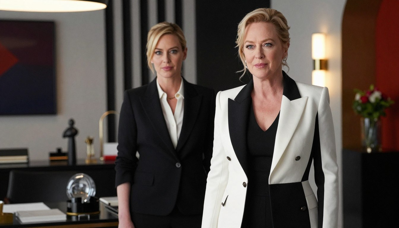 Two powerful women in black and white suits in a fashion boardroom