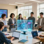 School leaders gathered around holographic AI display in futuristic classroom
