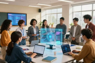 School leaders gathered around holographic AI display in futuristic classroom