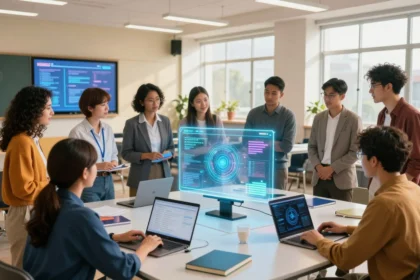 School leaders gathered around holographic AI display in futuristic classroom