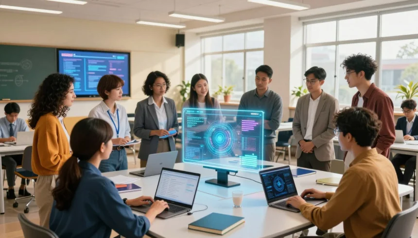 School leaders gathered around holographic AI display in futuristic classroom