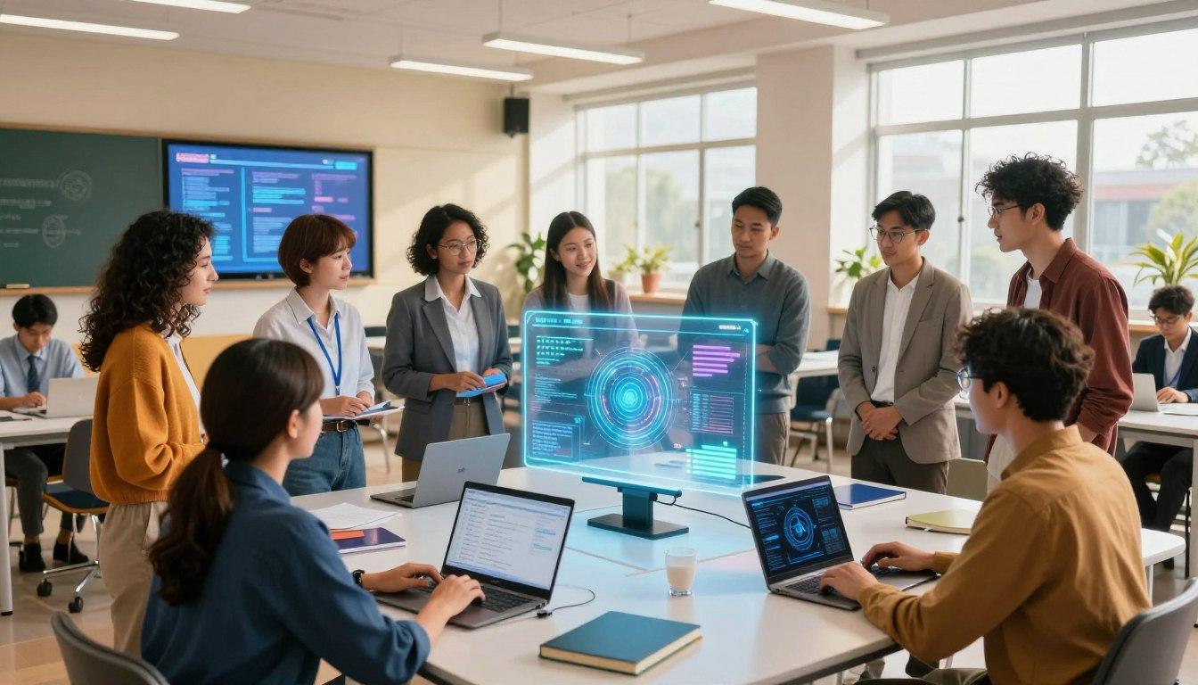 School leaders gathered around holographic AI display in futuristic classroom