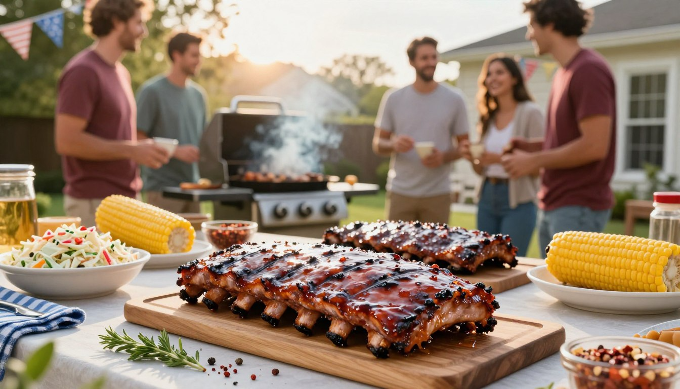BBQ ribs recipe for Memorial Day weekend with grilled corn and coleslaw