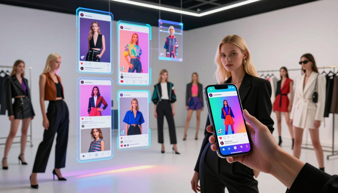 Fashion content creator holding phone showing TikTok Instagram reels fashion videos with AI models
