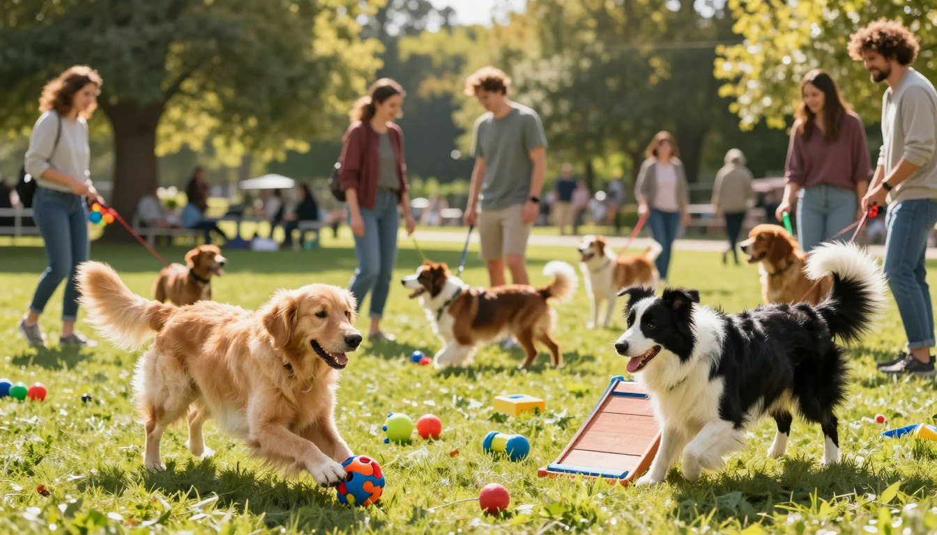Multiple dogs playing enrichment games with owners in sunny park with agility equipment and toys