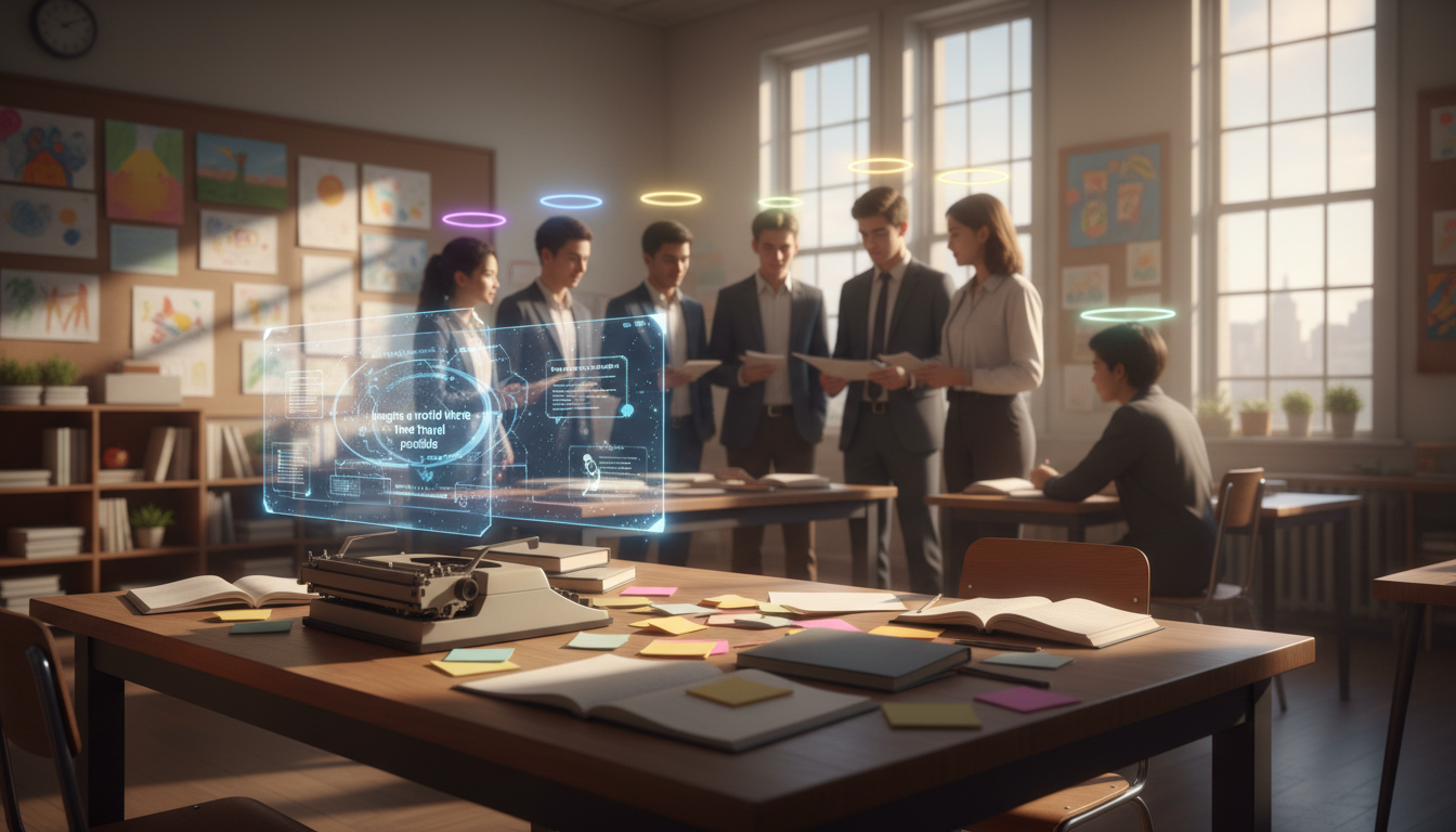 Students and teachers collaborating in a futuristic classroom with holographic AI displays.