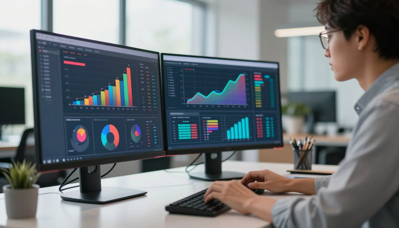 Entrepreneur analyzing business data on dual monitors with AI dashboard
