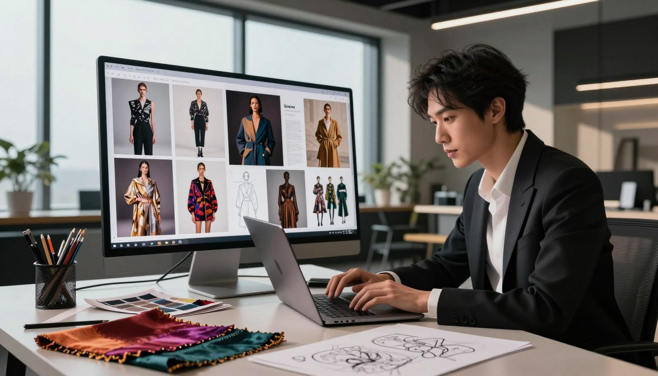 Fashion designer using AI tools to browse runway looks on computer screen