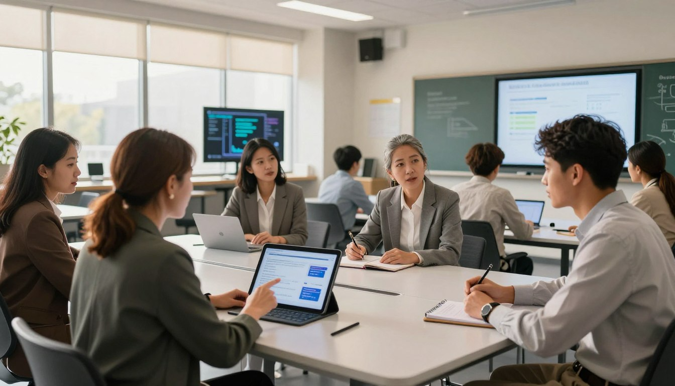 School principal leading AI strategy meeting with teachers using laptops and tablets