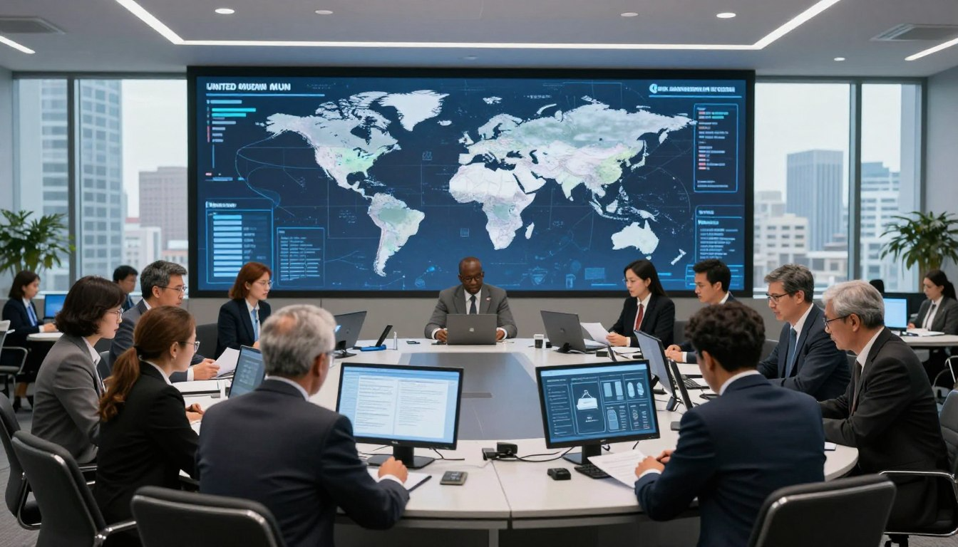 MUN delegates using AI tools world map data screen