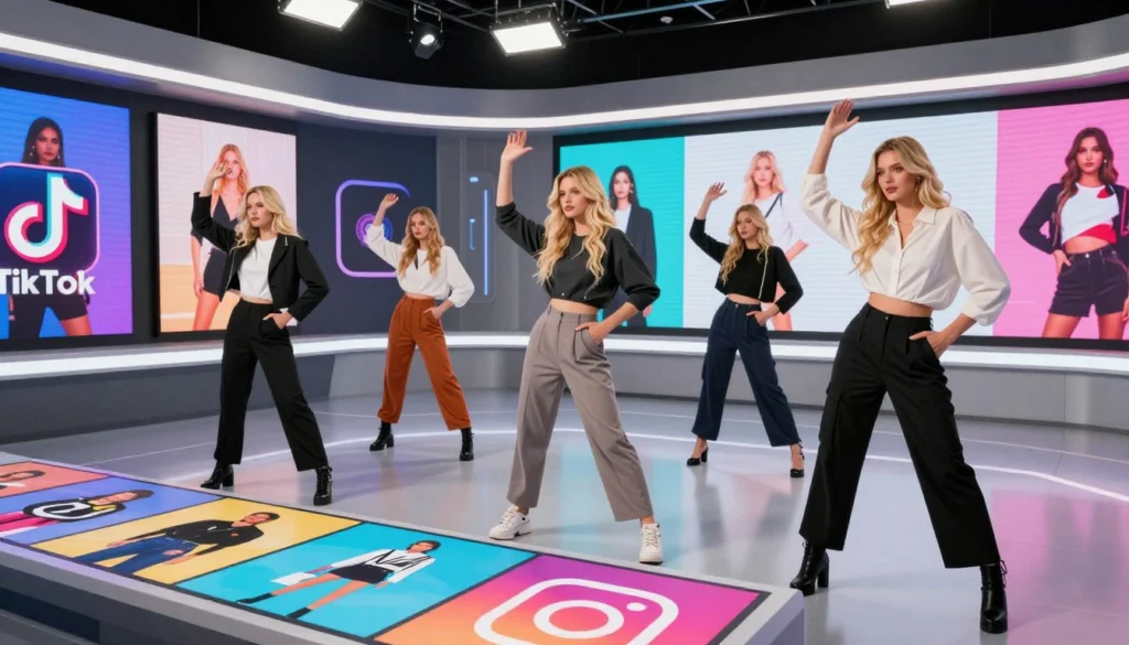 Fashion models dancing on TikTok and Instagram branded stage showing viral fashion video content