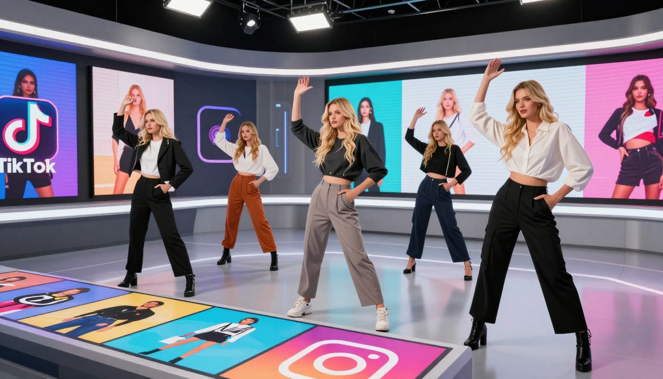 Fashion models dancing on TikTok and Instagram branded stage showing viral fashion video content