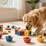Golden retriever solving DIY puzzle toys and enrichment boxes on white rug in bright living room