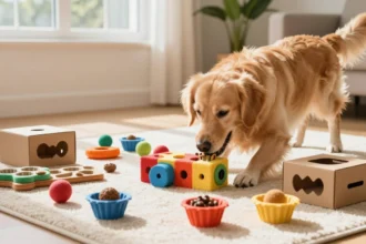 Golden retriever solving DIY puzzle toys and enrichment boxes on white rug in bright living room
