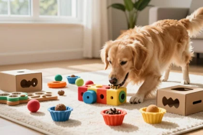 Golden retriever solving DIY puzzle toys and enrichment boxes on white rug in bright living room