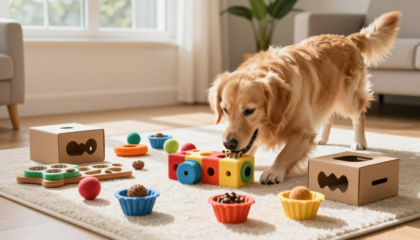 Golden retriever solving DIY puzzle toys and enrichment boxes on white rug in bright living room