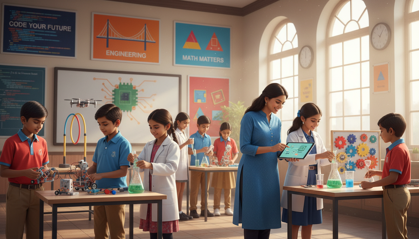 Teacher guiding children using AI tools and interactive digital displays in a futuristic classroom.