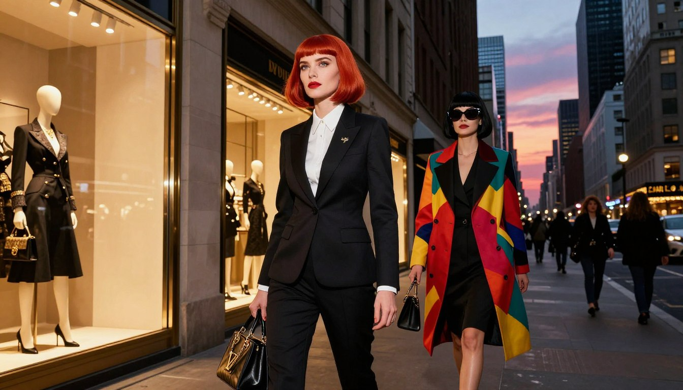 Two stylish women walking past luxury fashion boutiques on New York street