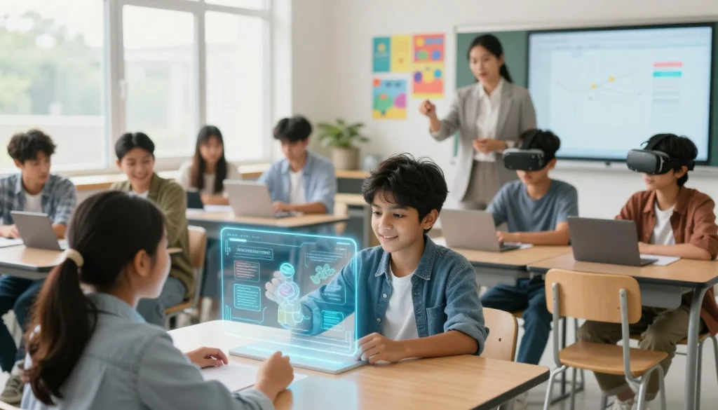 Students using holographic AI learning tools and VR headsets in a modern school classroom