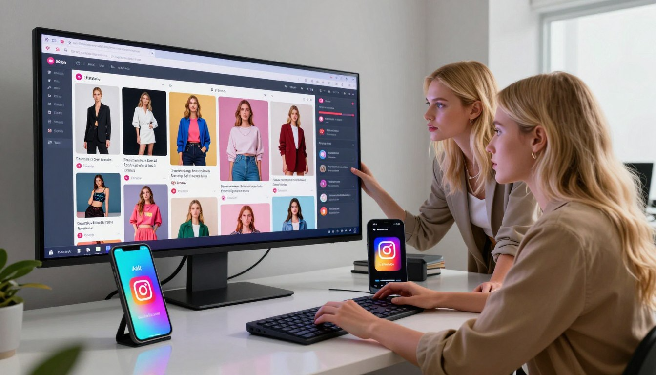 Fashion marketing team reviewing AI-generated fashion content on computer and Instagram on mobile