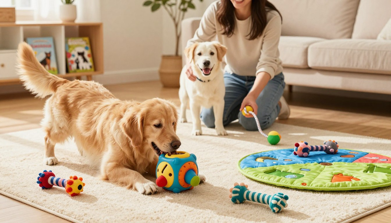 Golden retriever solving interactive puzzle toy on rug while owner plays with second dog at home