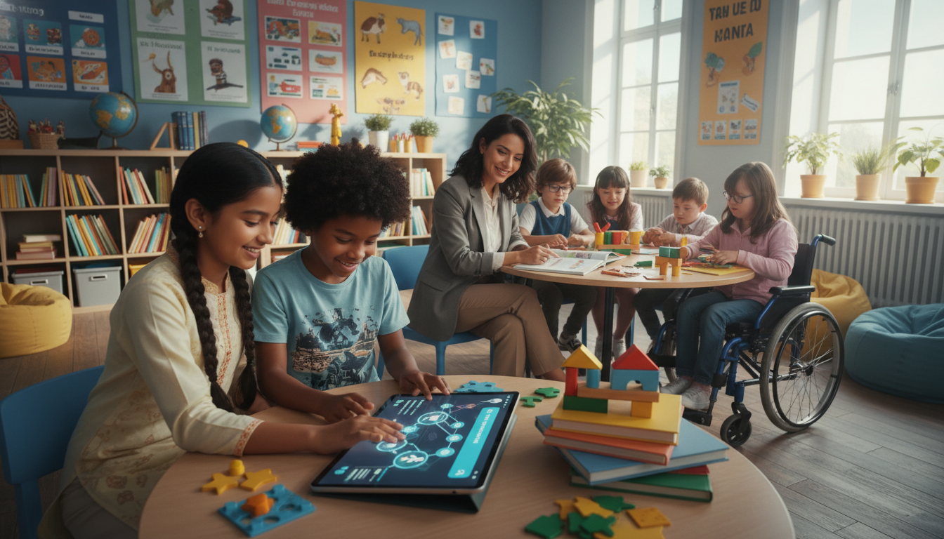 Students using tablets in a classroom with a large AI-powered interactive lesson screen.