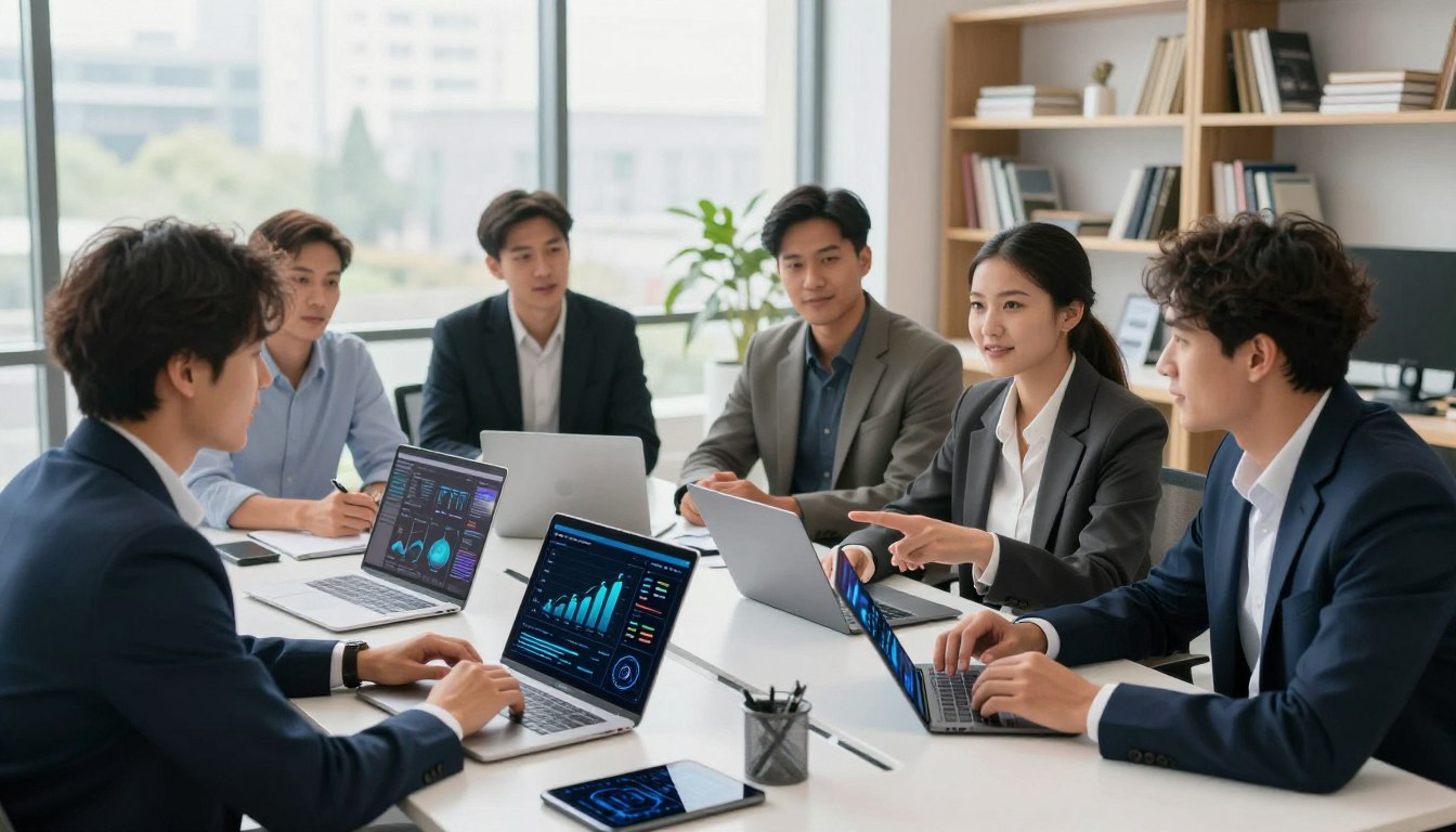 Business team collaborating with AI tools and laptops in conference room