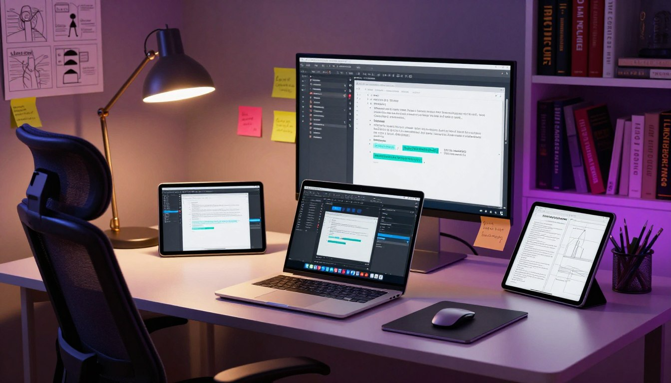 Writer using SEO Writing AI on laptop and multiple screens at creative desk