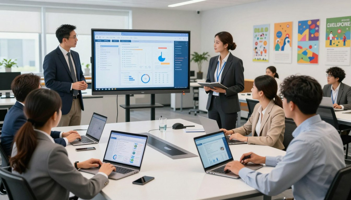School leadership team presenting AI analytics dashboard in a professional meeting room
