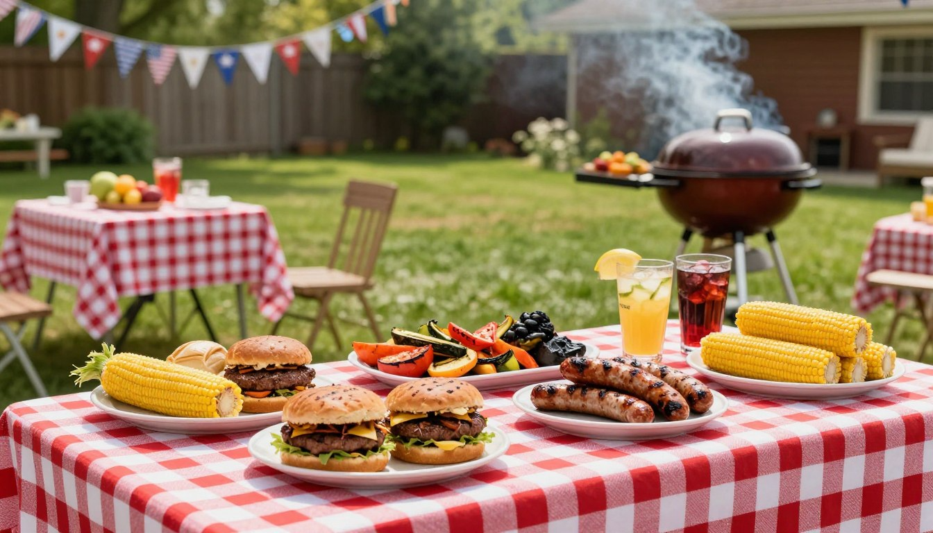 Easy Memorial Day recipes burgers sausages grilled vegetables and corn