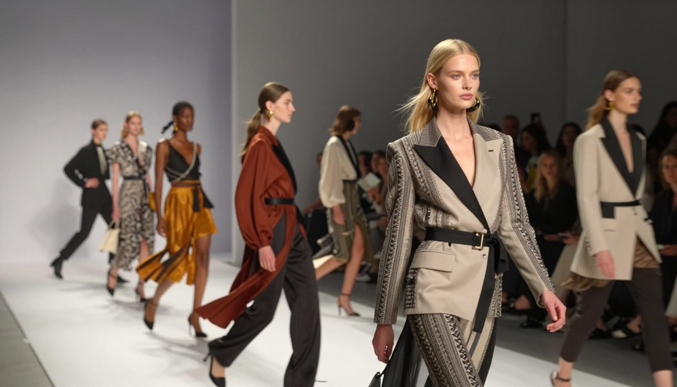 High fashion runway show with models walking in designer outfits representing Hypernatural AI runway template