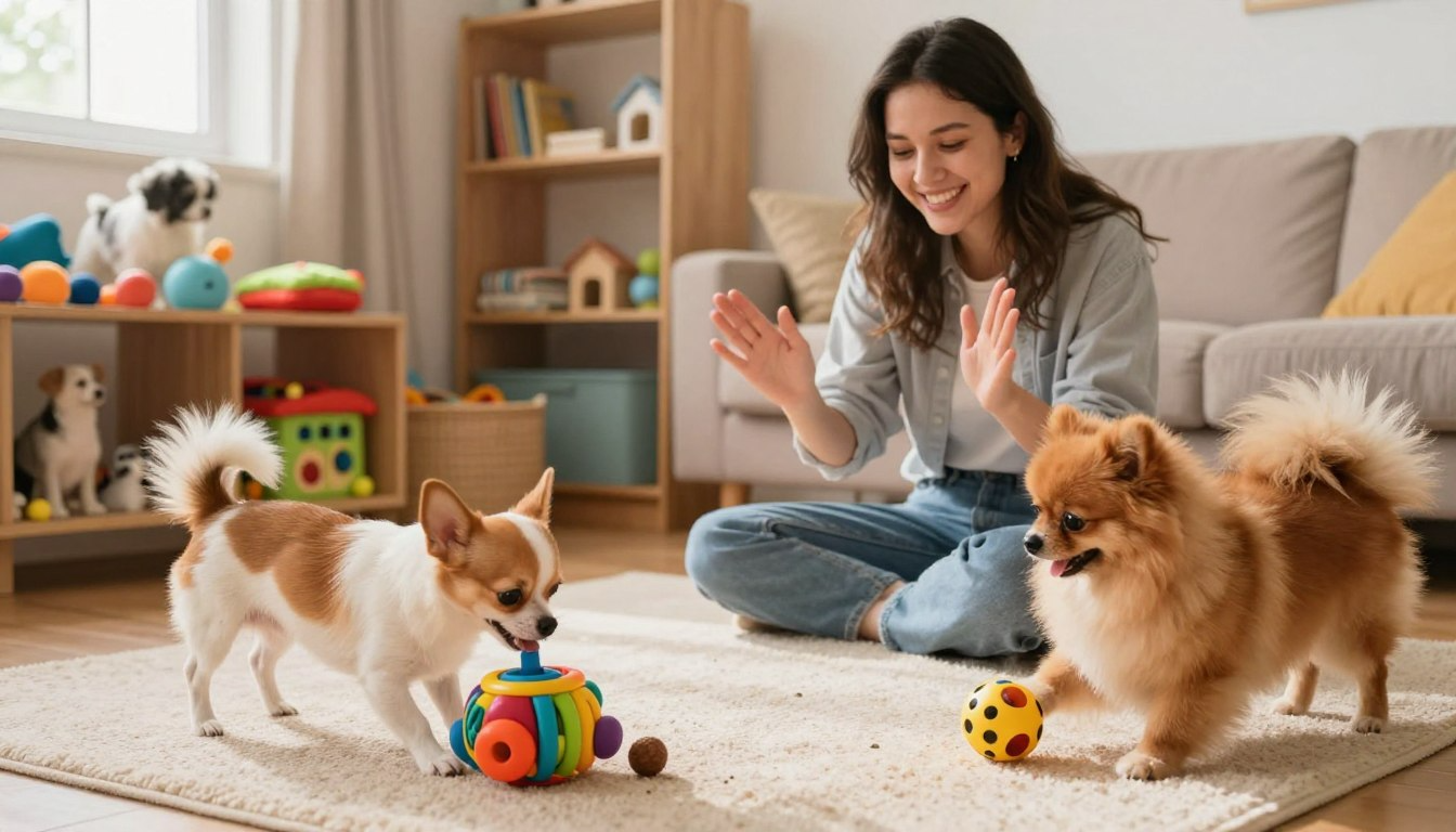 Woman training Chihuahua and Pomeranian with enrichment puzzle toys on living room rug