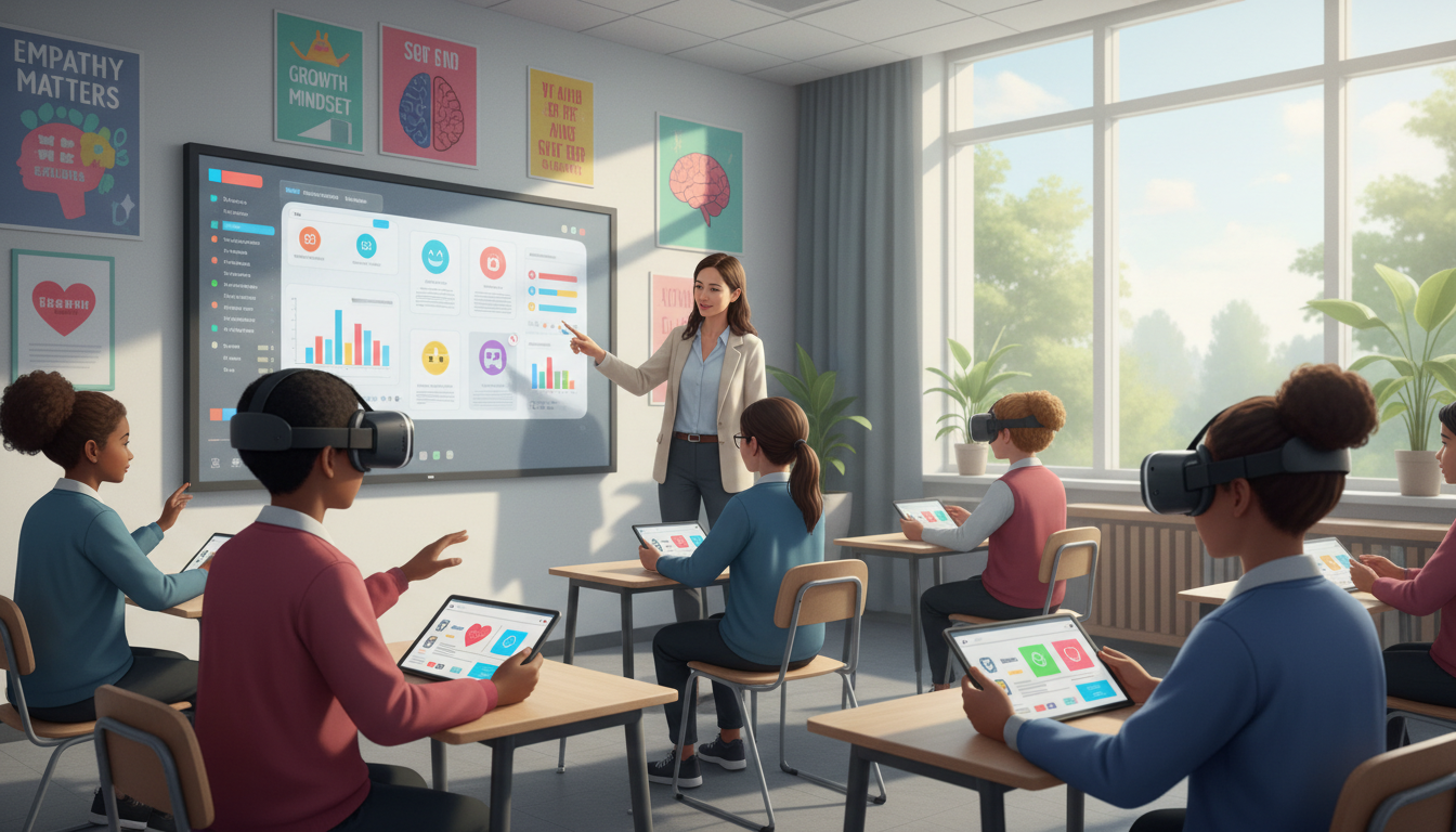 Students and teachers collaborating in a futuristic classroom with holographic AI displays.