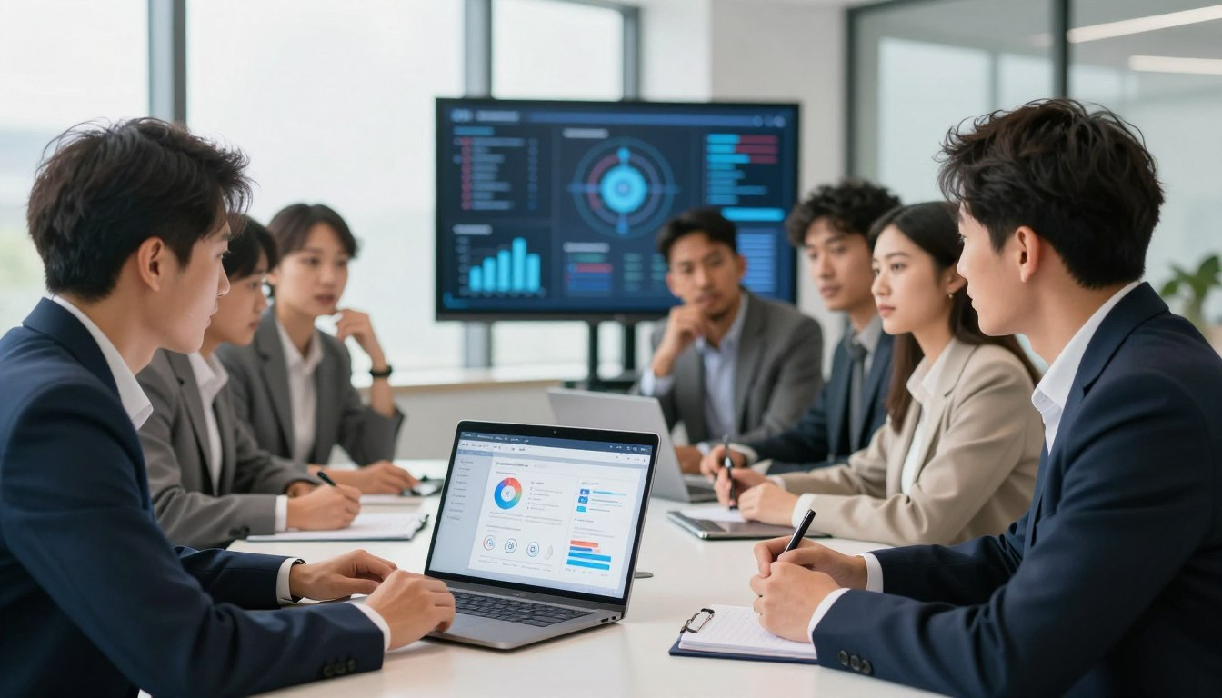 Business team reviewing AI analytics dashboard in boardroom meeting